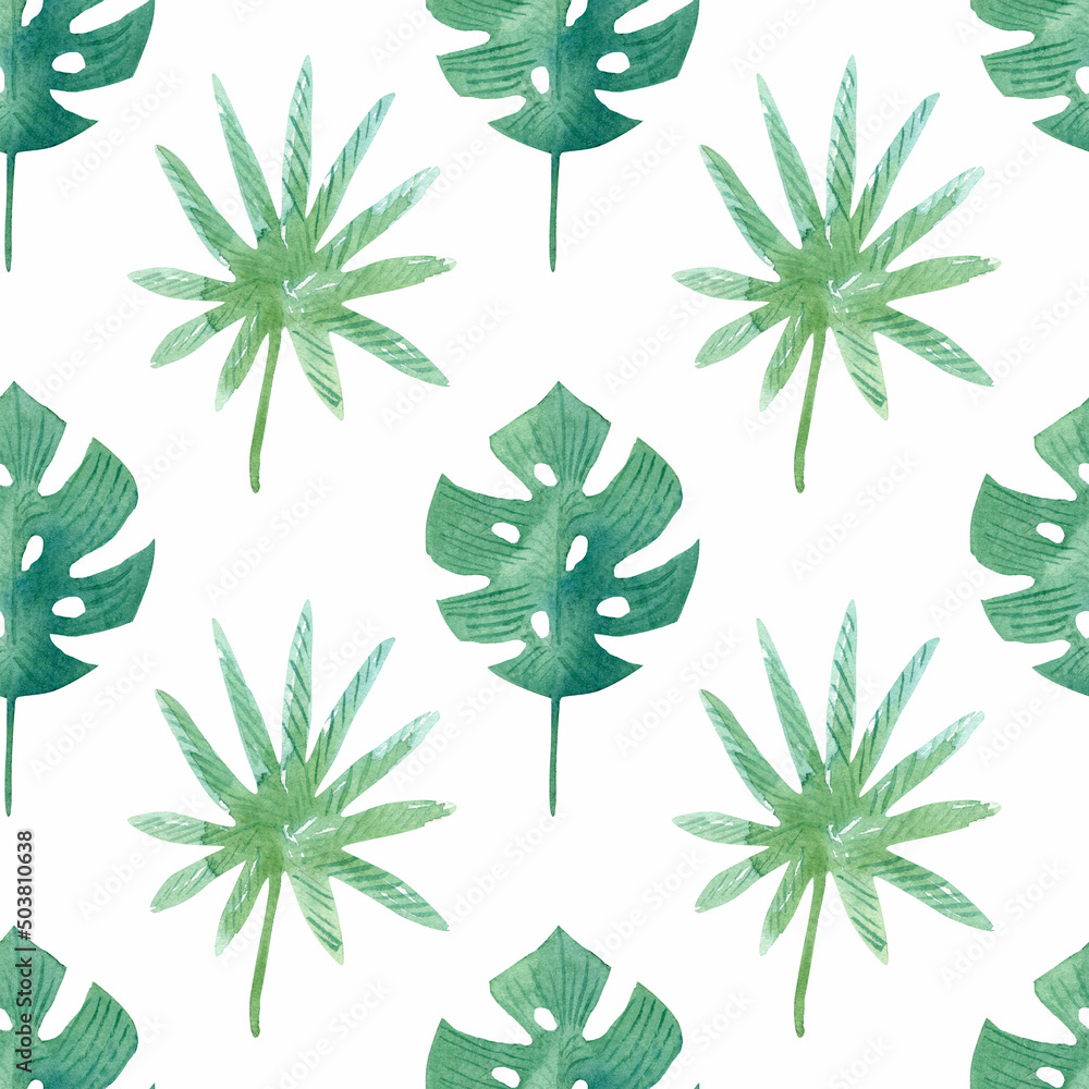 Seamless green leaves pattern watercolor illustration. Nature background for wallpapers, fabric design. Endless plant backdrop.