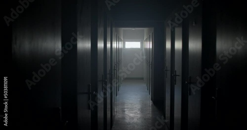 Camera movement narrow dark corridor mental hospital. Glare on doors and on floor. Light from window at the end tunnel. Many chamber doors locked. Location of dangerous people.