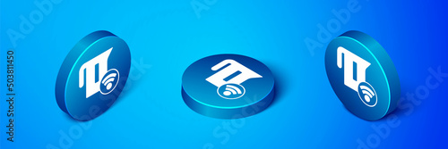 Isometric Smart electric kettle system icon isolated on blue background. Teapot icon. Internet of things concept with wireless connection. Blue circle button. Vector