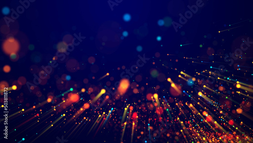 Magic multicolored sparkles of light with rays form flickering abstract simple structures like fiber optic or laser show with amazing bokeh for fantastic background. 3d render
