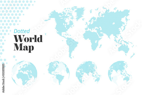 Business dotted world map and earth globes showing all continents. Vector illustration template for website design, annual reports, infographics, business presentation, marketing.