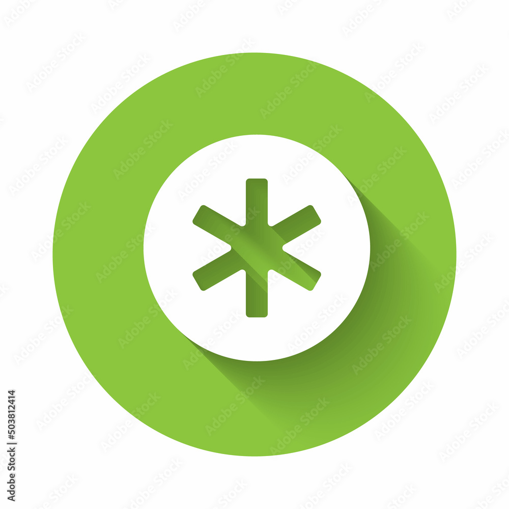 White Medical symbol of the Emergency - Star of Life icon isolated with long shadow background. Green circle button. Vector White Medical symbol of the Emergency - Star of Life icon isolated with long shadow background. Green circle button. Vector