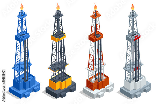 Isometric oil and gas production in nature concept. Gas flare at an oil refinery. Oil gas industry