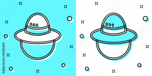 Black line Camping hat icon isolated on green and white background. Beach hat panama. Explorer travelers hat for hunting, hiking, tourism. Random dynamic shapes. Vector