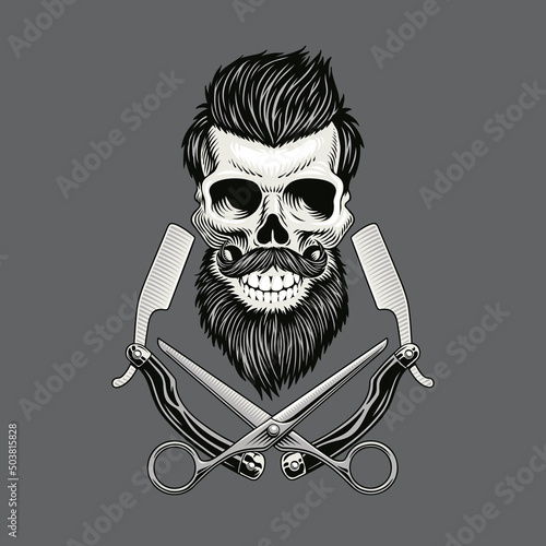 Breaded hipster skull with crossed razors and scissors. Vintage barbershop logo, icon or sign,  monochrome black and white vector illustration
