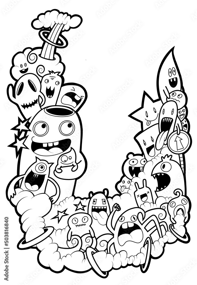 Hand-drawn illustrations, monsters doodle, Hand Drawn cartoon monster illustration,Cartoon crowd doodle hand-drawn Doodle style.black and white stripes coloring Hand-drawn illustrations, monsters doodle, Hand Drawn cartoon monster illustration,Cartoon crowd doodle hand-drawn Doodle style.black and white stripes coloring