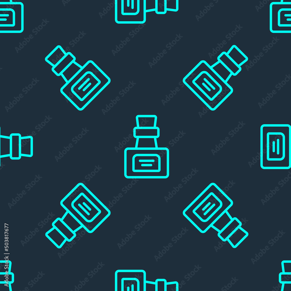 Green line Bottle with potion icon isolated seamless pattern on blue background. Flask with magic potion. Happy Halloween party. Vector Green line Bottle with potion icon isolated seamless pattern on blue background. Flask with magic potion. Happy Halloween party. Vector