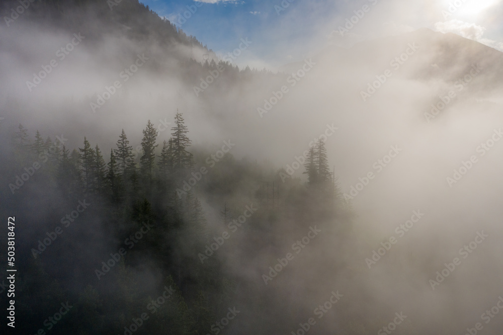 Flying my drone around a foggy sunrise in the Washington mountai Flying my drone around a foggy sunrise in the Washington mountai