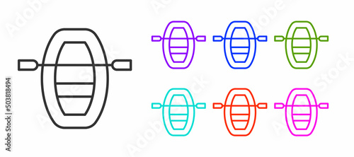 Black line Boat with oars icon isolated on white background. Water sports, extreme sports, holiday, vacation, team building. Set icons colorful. Vector