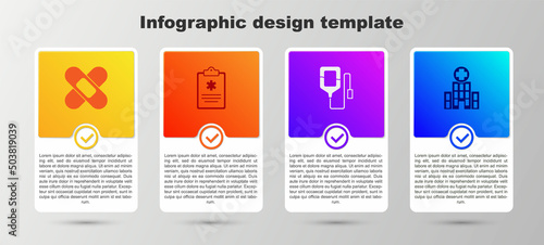 Set Crossed bandage plaster, Clinical record, IV bag and Medical hospital building. Business infographic template. Vector