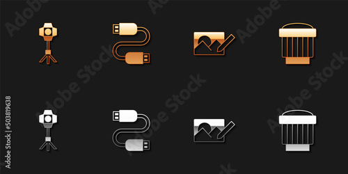Set Softbox light, USB cable cord, Photo retouching and Camera photo lens icon. Vector
