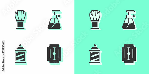 Set Blade razor, Shaving brush, Barber shop pole and Cream cosmetic tube icon. Vector