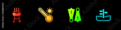Set Barbecue grill, Meteorology thermometer, Rubber flippers for swimming and Road traffic sign icon. Vector