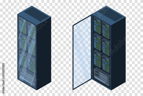 Isometric servers. Data storages. 3D computer equipment. Storage database. Equipment server network. Big data illustration