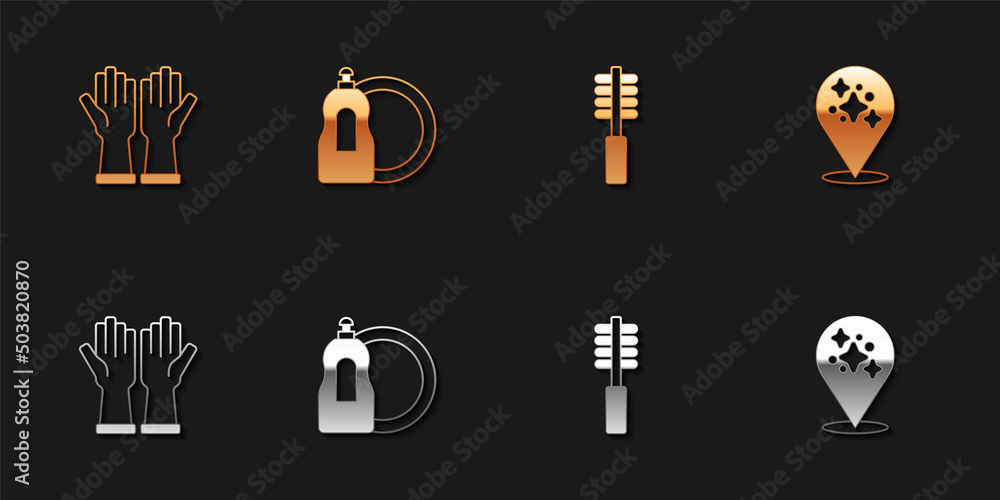Set Rubber gloves, Dishwashing liquid bottle, Toilet brush and Home cleaning service icon. Vector Set Rubber gloves, Dishwashing liquid bottle, Toilet brush and Home cleaning service icon. Vector