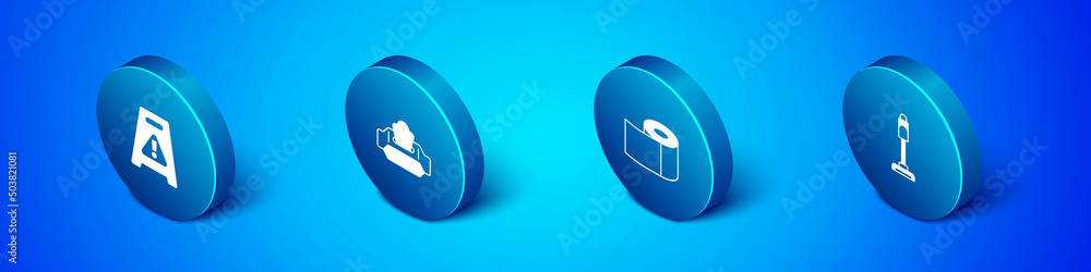 Set Isometric Wet floor, Toilet paper roll, Vacuum cleaner and wipe pack icon. Vector Set Isometric Wet floor, Toilet paper roll, Vacuum cleaner and wipe pack icon. Vector