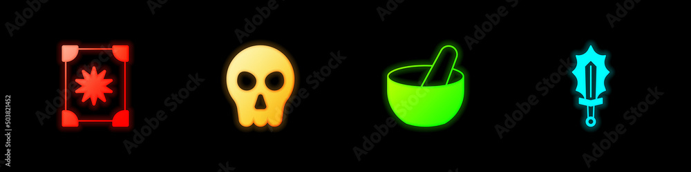 Fototapeta premium Set Ancient magic book, Skull, Witch cauldron and Magic sword in fire icon. Vector