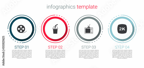 Set Film reel, Paper glass with water, Retro tv and 2k Ultra HD. Business infographic template. Vector