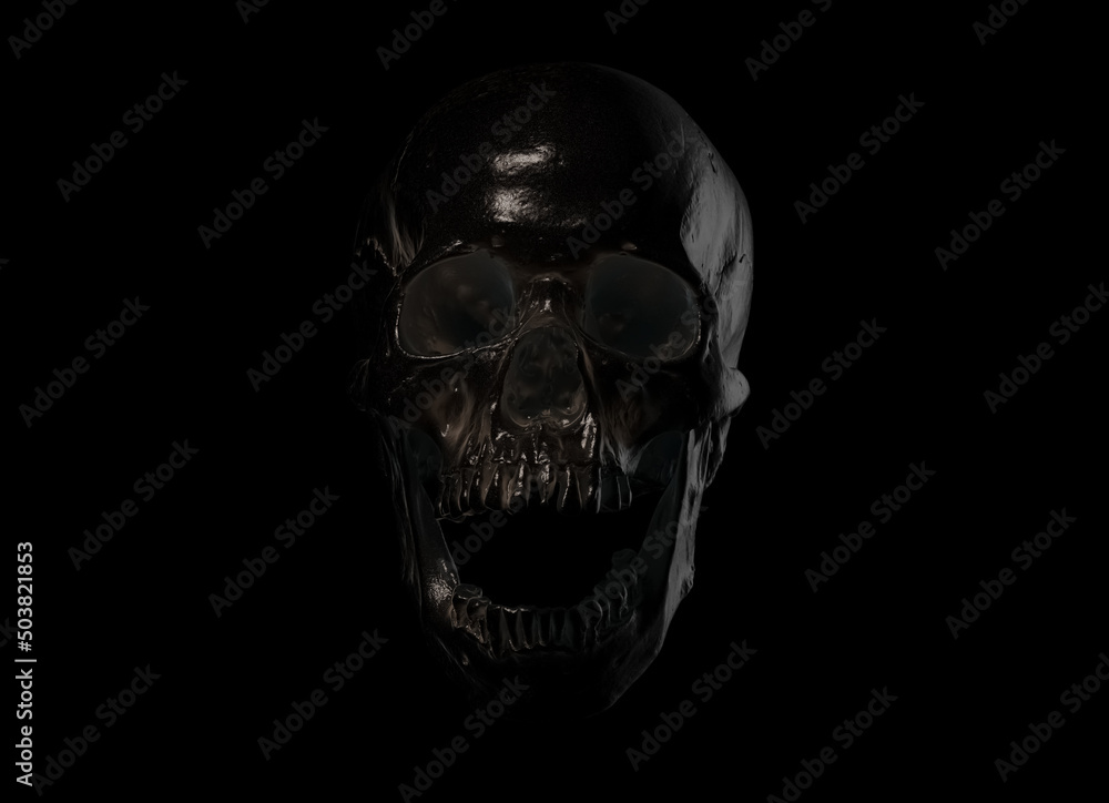 Fototapeta premium Silhouette of a human anatomical skull, full face with open jaw. Dark background. Concept art of death, horror, print, poster. Symbol of spooky Halloween, Virus, immortal. 3d rendering illustration.