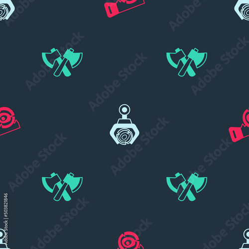 Set Hand saw and log, Grapple crane grabbed and Wooden axe on seamless pattern. Vector