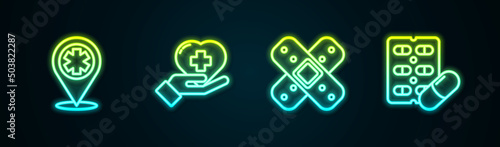 Set line Map pointer with cross hospital, Heart, Crossed bandage plaster and Pills blister pack. Glowing neon icon. Vector