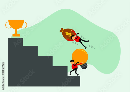 Vector illustration of businessman cartoon character competing between bright ideas and money, Commonly used for all content about "money and business"