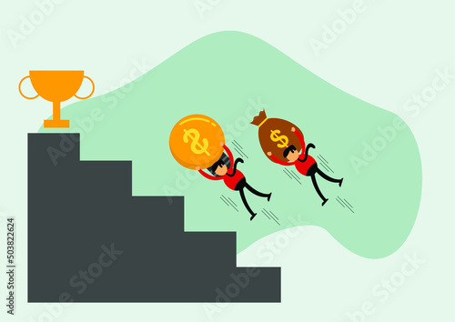 Vector illustration of businessman cartoon character competing between ideas and money, Commonly used for all content about "money and business"