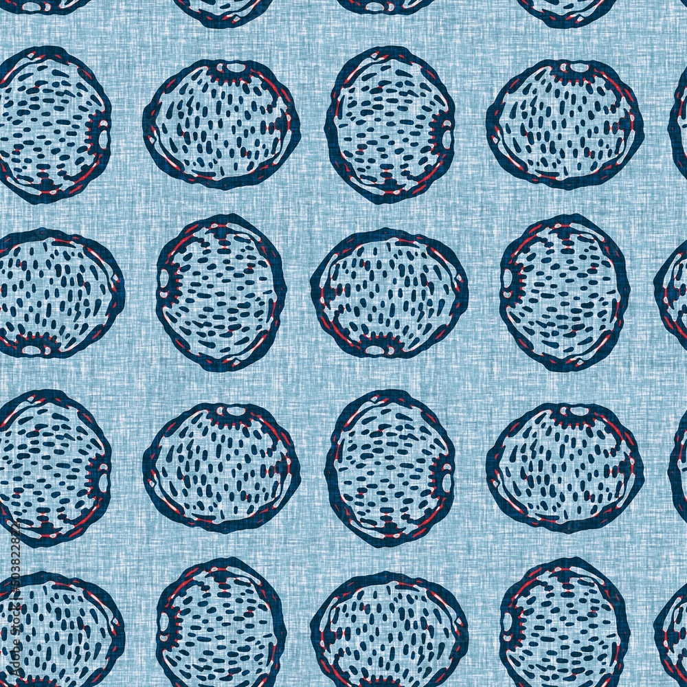 Obraz premium Indigo Blue Seashell nautical seamless pattern. Modern marine shell print in classic nantucket fabric textile hand drawn block print style. Summer 2 tone high contrast jpg tile swatch