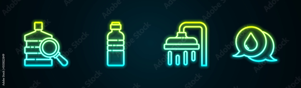Set line Big bottle with clean water, Bottle of, Shower head and Water drop speech bubbles. Glowing neon icon. Vector Set line Big bottle with clean water, Bottle of, Shower head and Water drop speech bubbles. Glowing neon icon. Vector