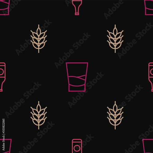 Set line Beer bottle, Hop and Glass of vodka on seamless pattern. Vector