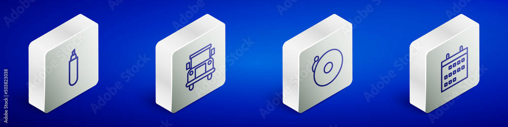 Set Isometric line Marker pen, School Bus, Ringing alarm bell and Calendar icon. Vector Set Isometric line Marker pen, School Bus, Ringing alarm bell and Calendar icon. Vector
