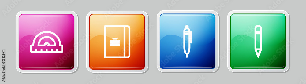 Set line Protractor, Spiral notebook, Pen and Pencil with eraser. Colorful square button. Vector Set line Protractor, Spiral notebook, Pen and Pencil with eraser. Colorful square button. Vector