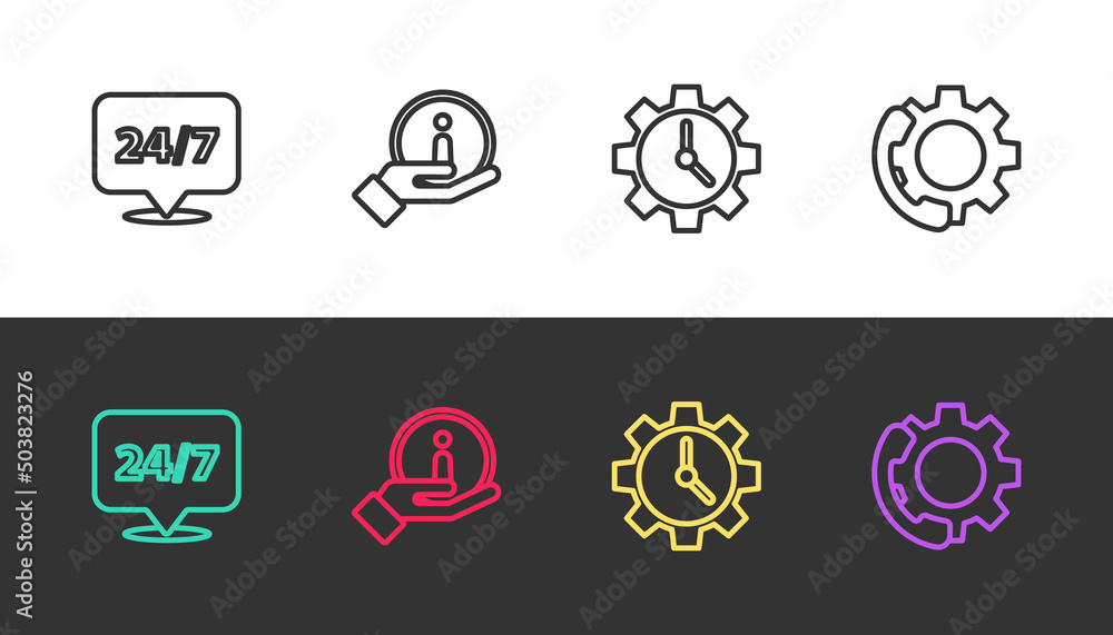 Set line Clock 24 hours, Information, Time Management and Telephone support on black and white. Vector Set line Clock 24 hours, Information, Time Management and Telephone support on black and white. Vector