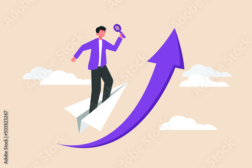 Young boy is looking for opportunities to advance his career with  paper airplane origami as glider with binoculars to see opportunity. Job searching. Colored flat graphic vector illustration. © klikline