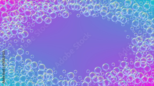 Soap foam. Detergent bath bubble and suds for bathtub. Shampoo. Rainbow fizz and splash. Realistic water frame and border. 3d vector illustration flyer. Blue colorful liquid soap foam.