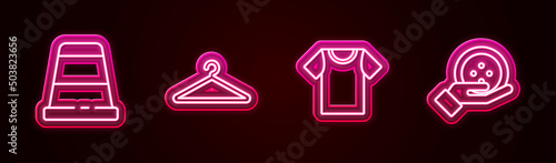 Set line Thimble for sewing, Hanger wardrobe, T-shirt and Sewing button. Glowing neon icon. Vector