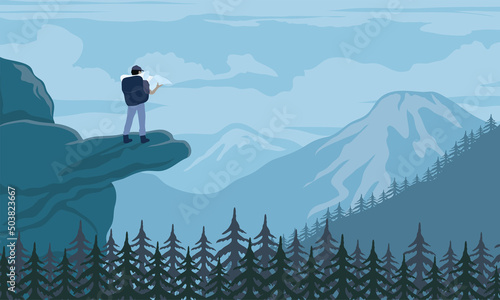 traveler with map in mountain