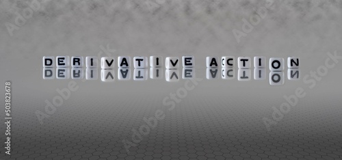derivative action word or concept represented by black and white letter cubes on a grey horizon background stretching to infinity