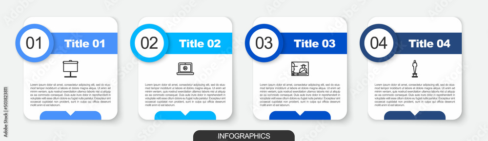 Obraz premium Set line Projection screen, Online play video, and Movie trophy. Business infographic template. Vector