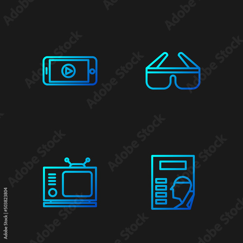 Set line Cinema poster, Retro tv, Online play video and 3D cinema glasses. Gradient color icons. Vector