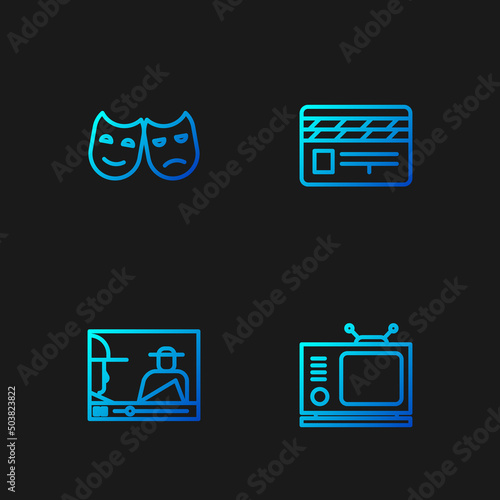 Set line Retro tv, Online play video, Comedy and tragedy masks and Movie clapper. Gradient color icons. Vector