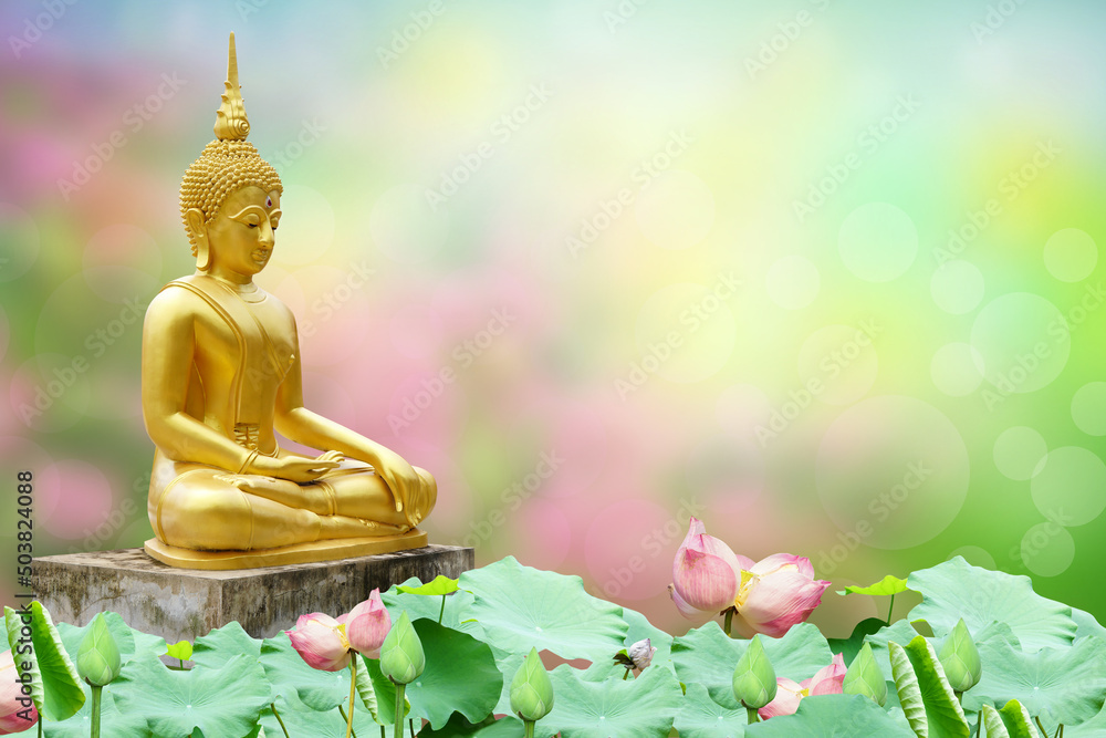 Makha Asanaha Visakha Bucha Day Golden Buddha image. Background of Bodhi leaves with shining light. Soft image and smooth focus style - obrazy, fototapety, plakaty 