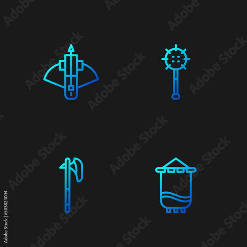 Set line Medieval flag, axe, Battle crossbow with arrow and chained mace ball. Gradient color icons. Vector