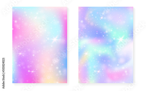 Rainbow background with kawaii princess gradient. Magic unicorn hologram.