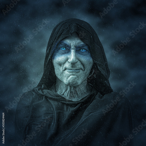 Fantasy character, gloomy old man in black cloak with a hood.