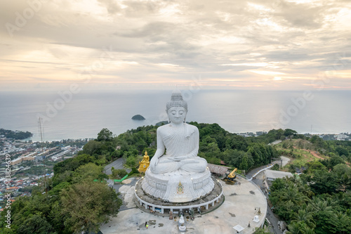 Big buddha Phuket Aerial view Cloudy Sunseet Thailand