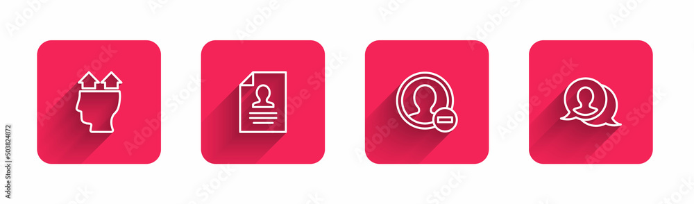 Set line User of man, Resume, Create account screen and Speech bubble chat with long shadow. Red square button. Vector Set line User of man, Resume, Create account screen and Speech bubble chat with long shadow. Red square button. Vector
