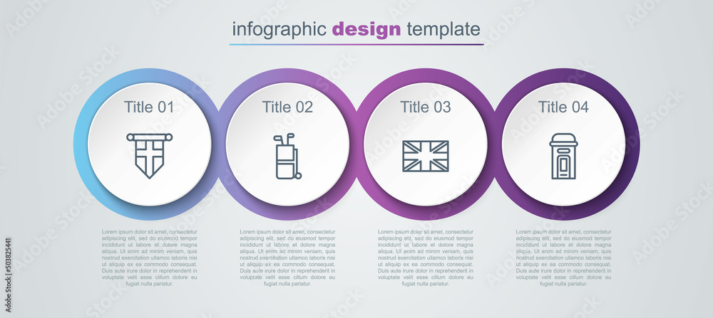 Set line England flag on pennant, Golf bag with clubs, Flag of Great Britain and London phone booth. Business infographic template. Vector Set line England flag on pennant, Golf bag with clubs, Flag of Great Britain and London phone booth. Business infographic template. Vector