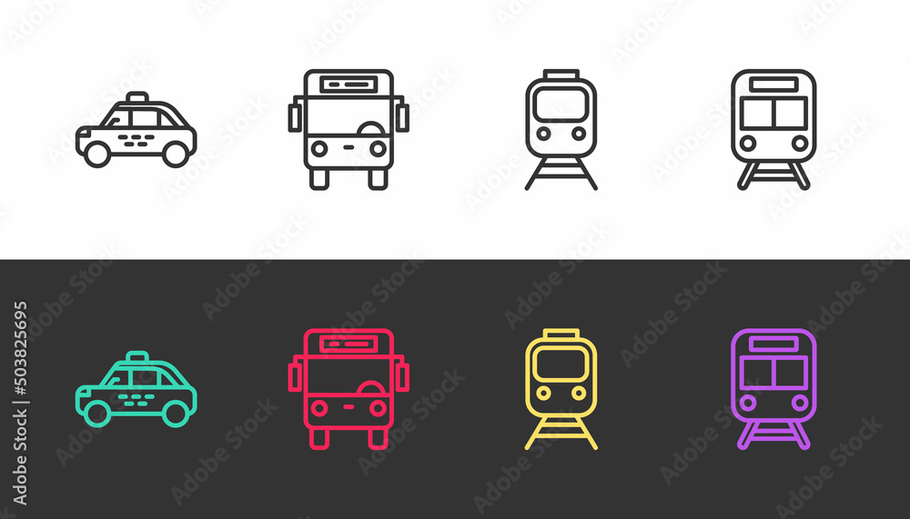 Set line Taxi car, Bus, Train and railway and on black and white. Vector Set line Taxi car, Bus, Train and railway and on black and white. Vector
