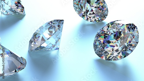 Shiny Diamonds on sky blue surface background. Concept image of luxury living  expensive things and high added value. 3D CG. High resolution.